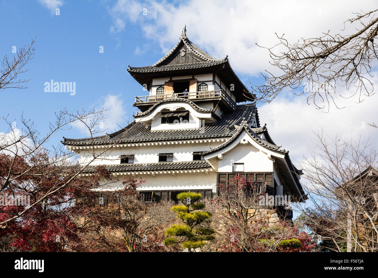 Japan, Inuyama Castle auch bekannt als Hakutei Jo. Main halten, tenshu, auf Steinsockel nozurazumi Stil gebaut. Japanische Gärten vor, blauer Himmel hinter sich. Stockfoto