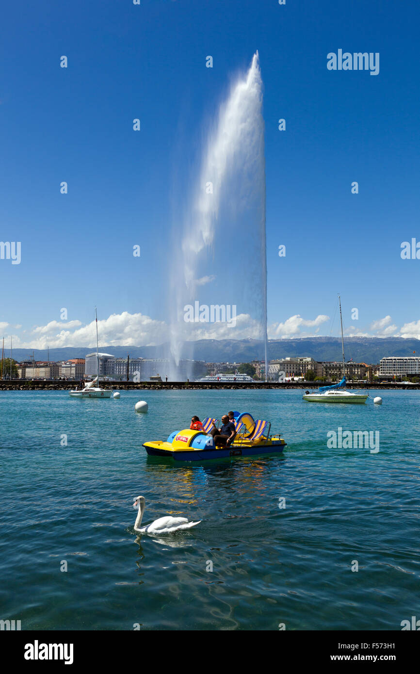 Ein Schwan und ein Tretboot schwimmen vor der Jet-D´eau, eine 140 m hohe Wasserfontäne ist ein bekanntes Wahrzeichen von Geneve Stockfoto