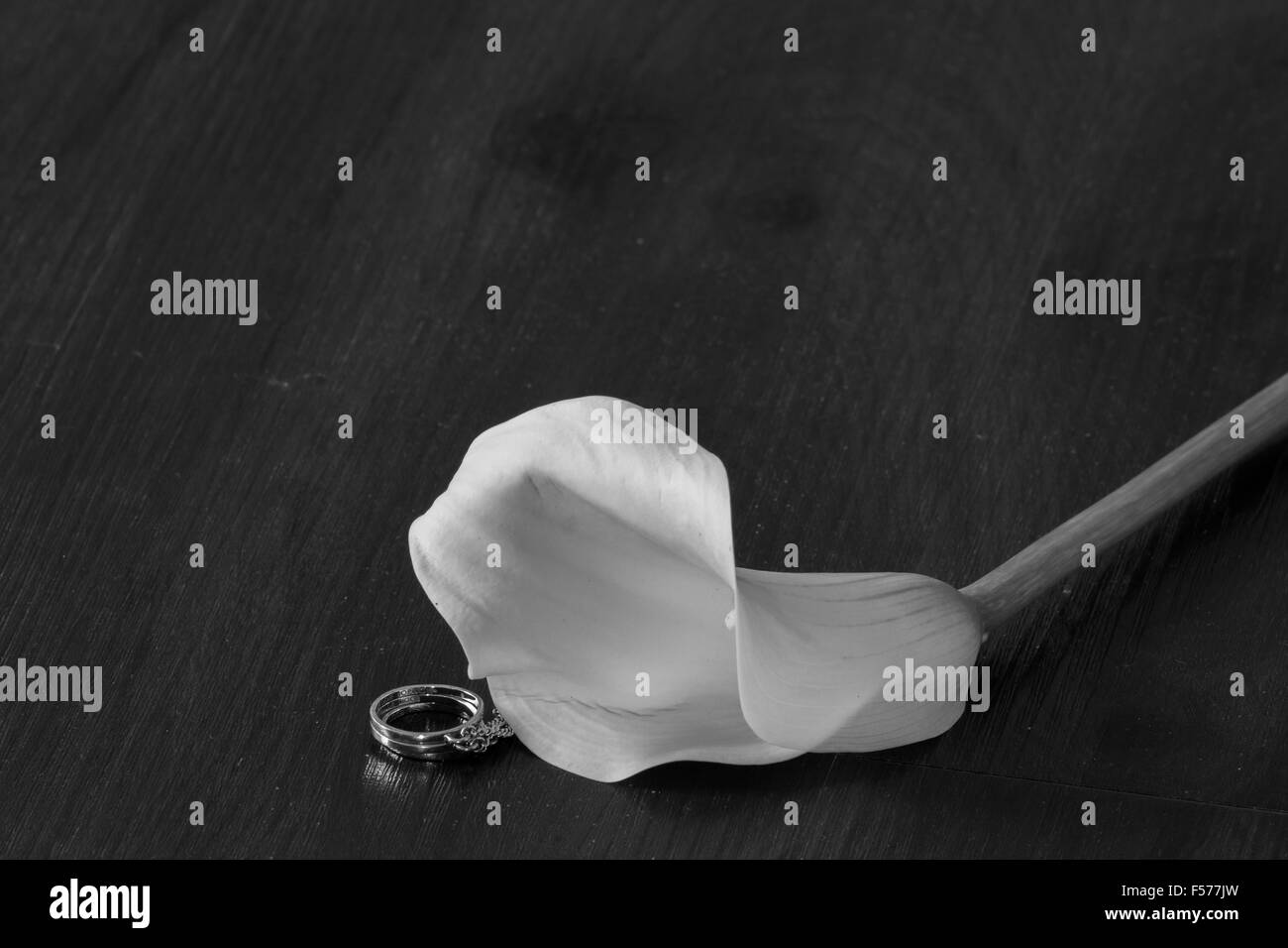 Black And White Calla Lilie mit Ehering auf hölzernen Hintergrund Stockfoto