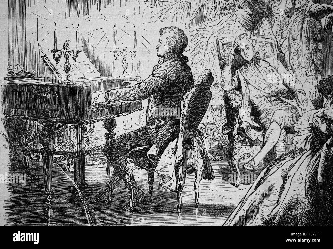 Mozart (1756-1791) mit der kaiserlichen Familie (Joseph II., Kaiser des Heiligen Römischen Reiches) mit dem Klavierspiel. Wien. Kupferstich von A. Closs. Stockfoto