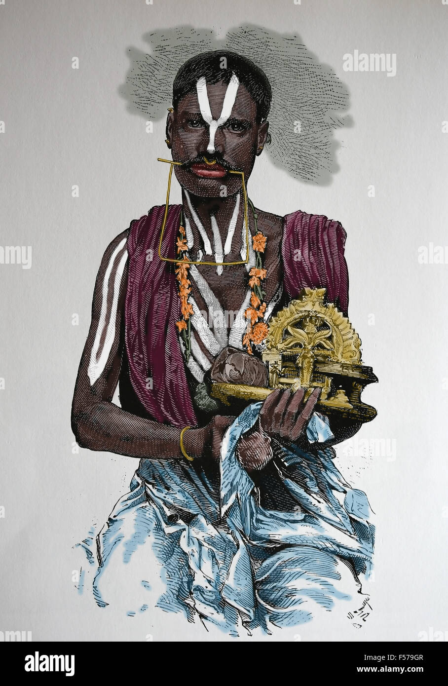 Asien. Indien. Hindu Fakir. Kupferstich, 19. Jahrhundert. Spätere Färbung. Stockfoto