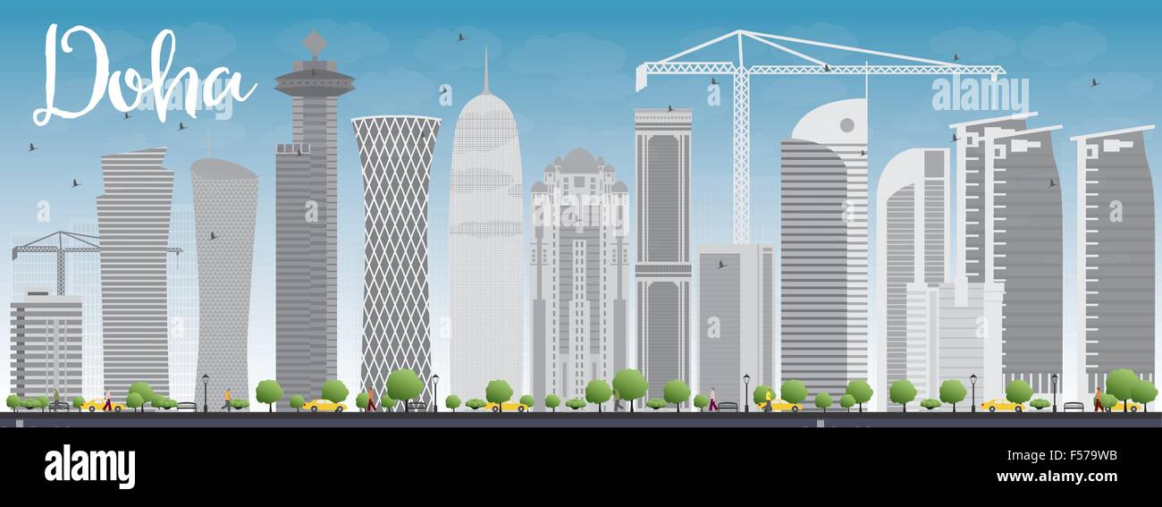 Skyline von Doha mit grauen Wolkenkratzer und blauer Himmel. Vektor-Illustration. Wirtschaft und Tourismus-Konzept mit Wolkenkratzern. Stock Vektor