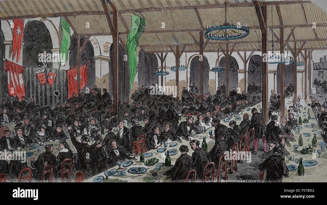 Bankett. Partei der Schweiz. Paris. Frankreich. Gravur. Le Monde Illustre, Frankreich. des 19. Jahrhunderts. Stockfoto