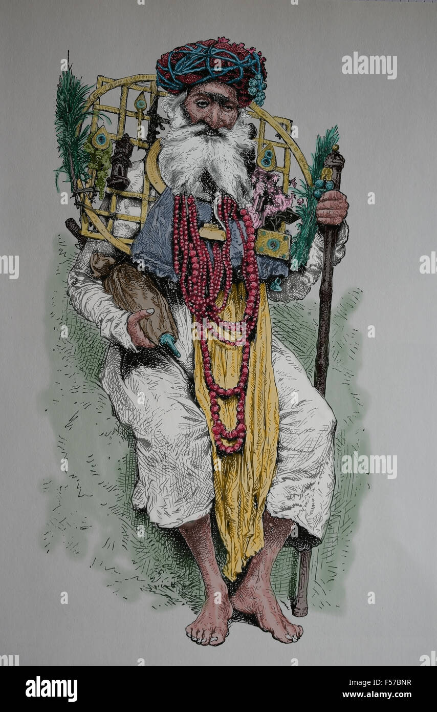 Asien. Indien. Hindu Fakir. Kupferstich, 19. Jahrhundert. Farbe. Stockfoto