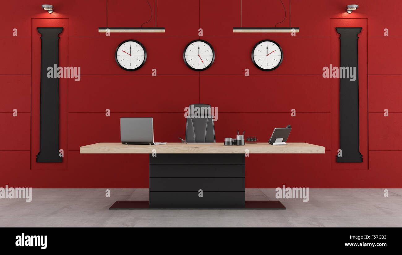 Rot und schwarz modernes Büro mit Schreibtisch, Stuhl und Form des klassischen Säulen an der Wand - 3d Rendering Stockfoto