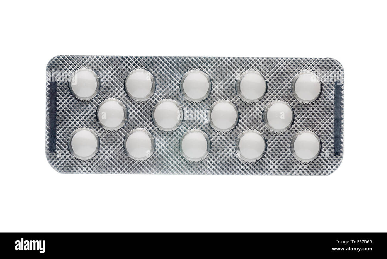 Weiße Tablette in Blisterverpackung Medikamente auf weißem Hintergrund Stockfoto