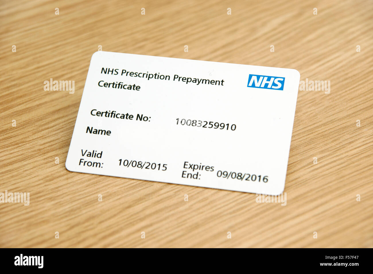 NHS Rezept Vorauszahlung Zertifikat (nützlich, wenn viele Medikamente stammt z. B. 2 oder mehrere Skripts pro Monat) Stockfoto