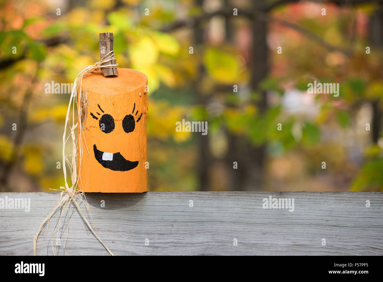 Handgefertigte dekorative Kürbis oder Jack-o-Laterne auf einem Holzzaun-Schiene.  Herbst Farbe Hintergrund ist in soft-Fokus, Kopie erlauben. Stockfoto