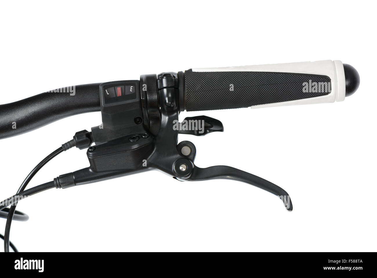 Eintasten Gangschaltung und hydraulische Bremse Gruppe (Mineralöl Tank und Bremse Hebel) Mountainbike (MTB), isoliert auf weiss. Stockfoto