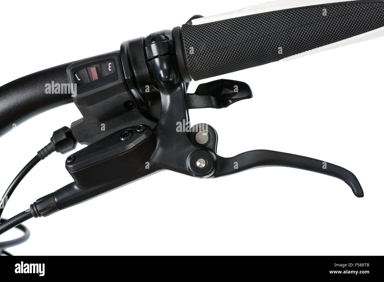 Eintasten Gangschaltung und hydraulische Bremse Gruppe (Mineralöl Tank und Bremse Hebel) Mountainbike (MTB), isoliert auf weiss. Stockfoto