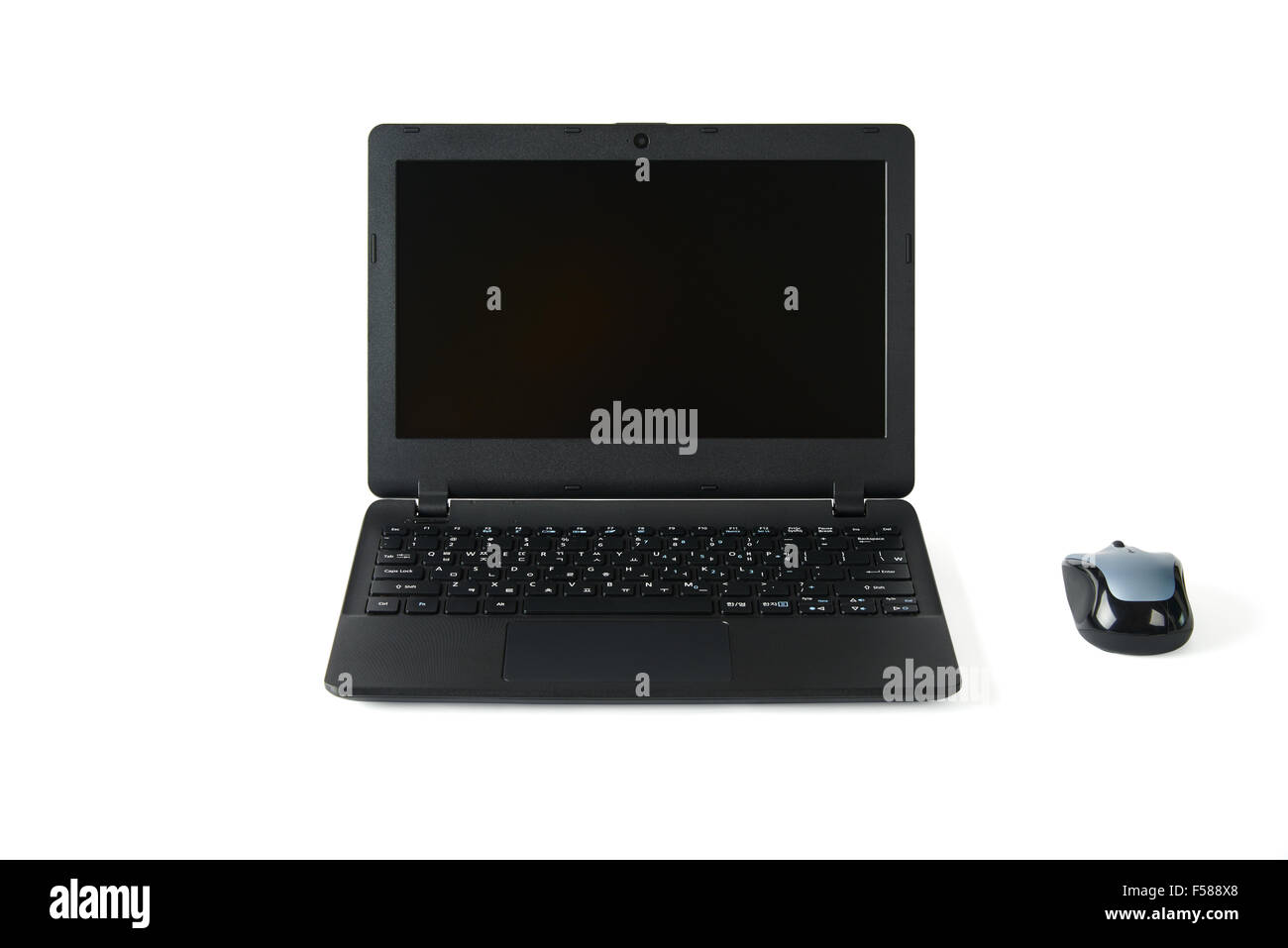 schwarze Laptop-Computer mit einem wireless-Maus, isoliert auf weiss Stockfoto