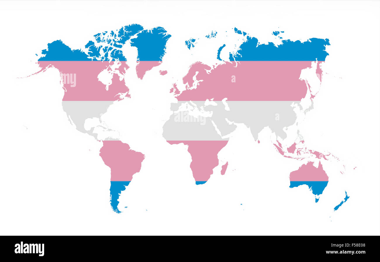 Karte der Welt isoliert auf weiss, Trans Pride Stockfoto