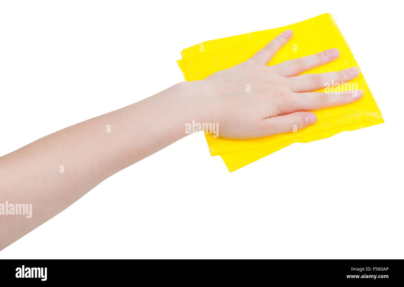 Hand mit gelb isoliert auf weißem Hintergrund Lappen abwischen Stockfoto