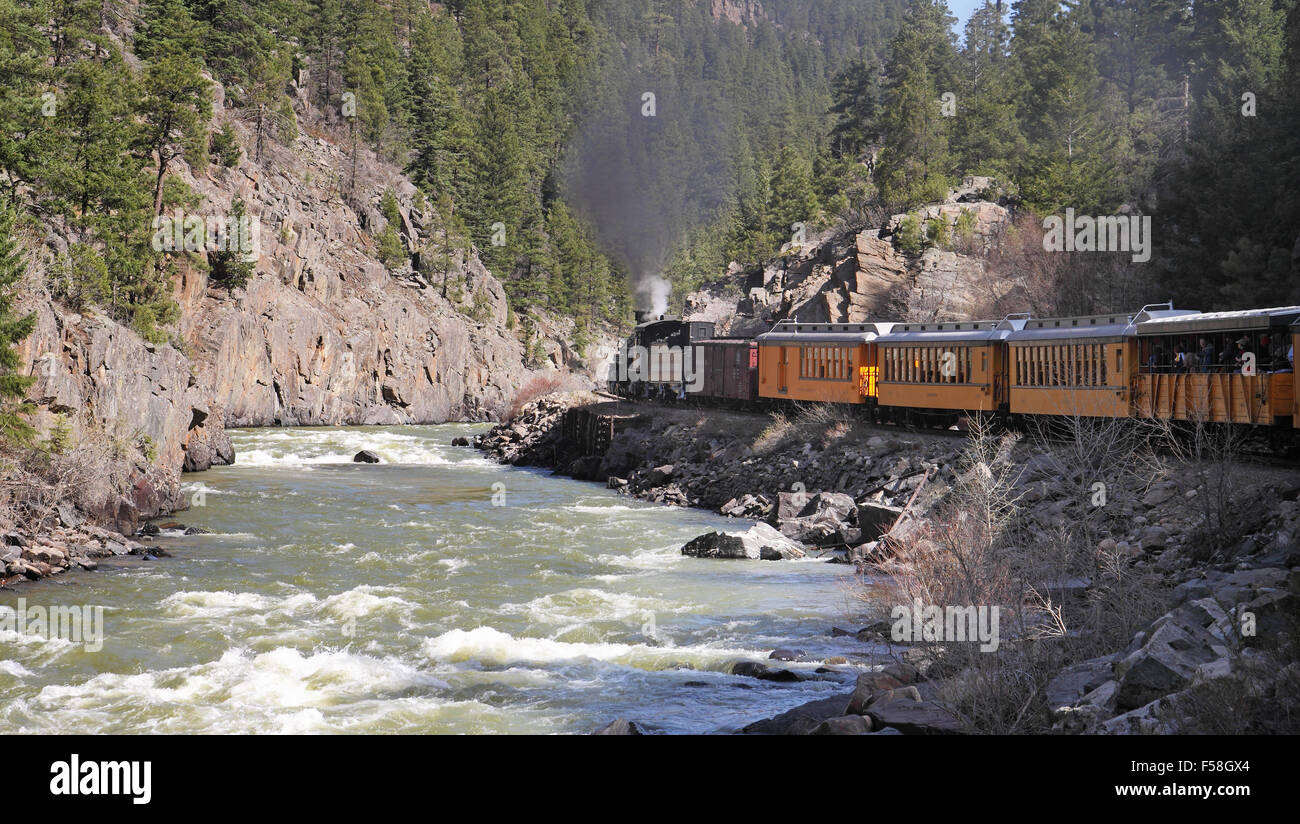 Schmalspur Dampfeisenbahn von Durango nach Silverton läuft neben der Animas River den San Juan Mountains, Colorado, USA Stockfoto