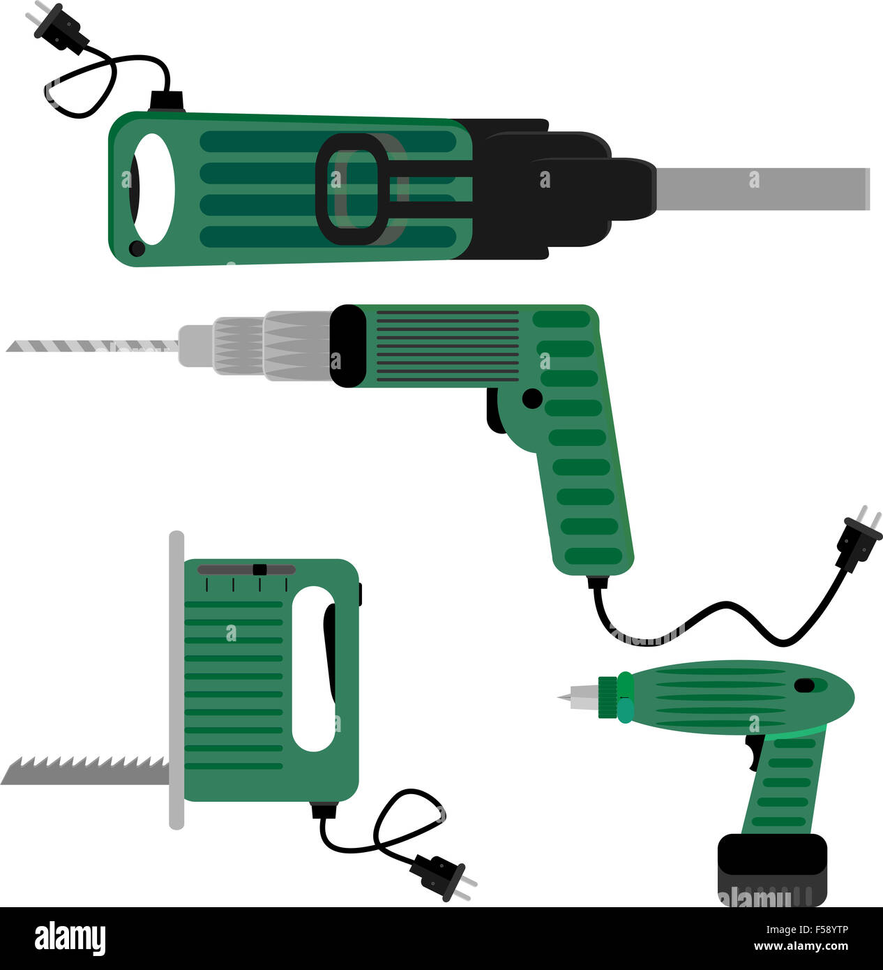 Bohrer, Schraubenzieher und Hammer Puzzle. Werkzeugausrüstung, Industrie Sammlung elektrischer Trennschleifer. Vektor Kunst Design Abstrakt Stockfoto