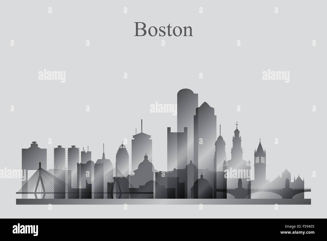 Skyline von Boston Stadtsilhouette in Graustufen Stockfoto