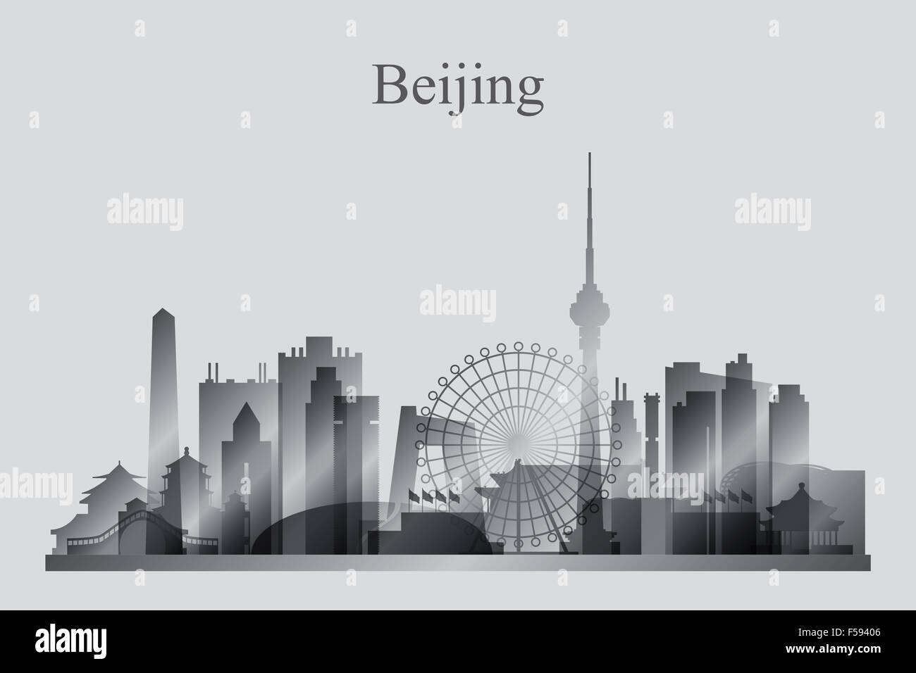 Beijing Stadt Skyline Silhouette in Graustufen Stockfoto
