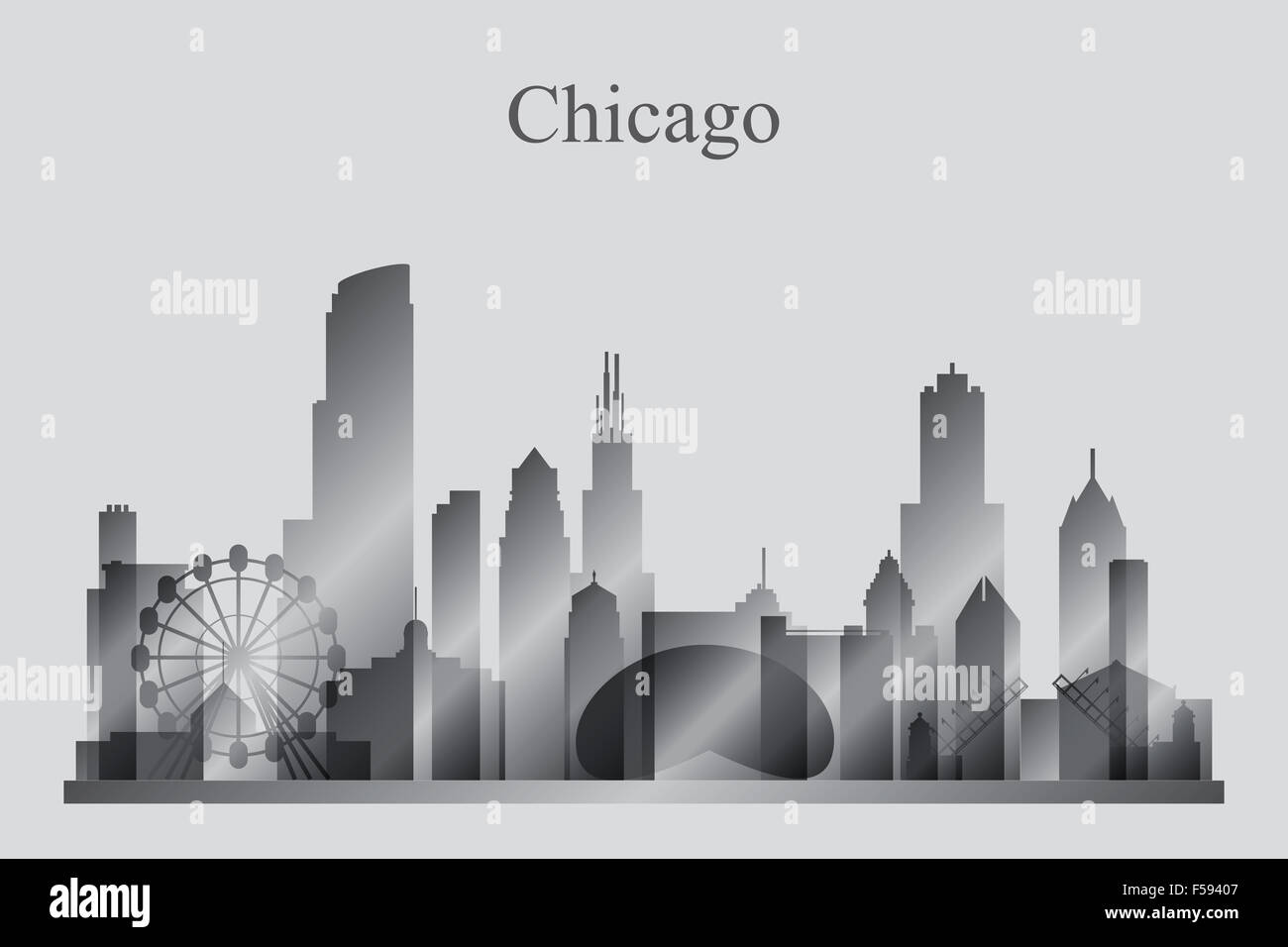 Chicago Skyline Stadtsilhouette in Graustufen Stockfoto
