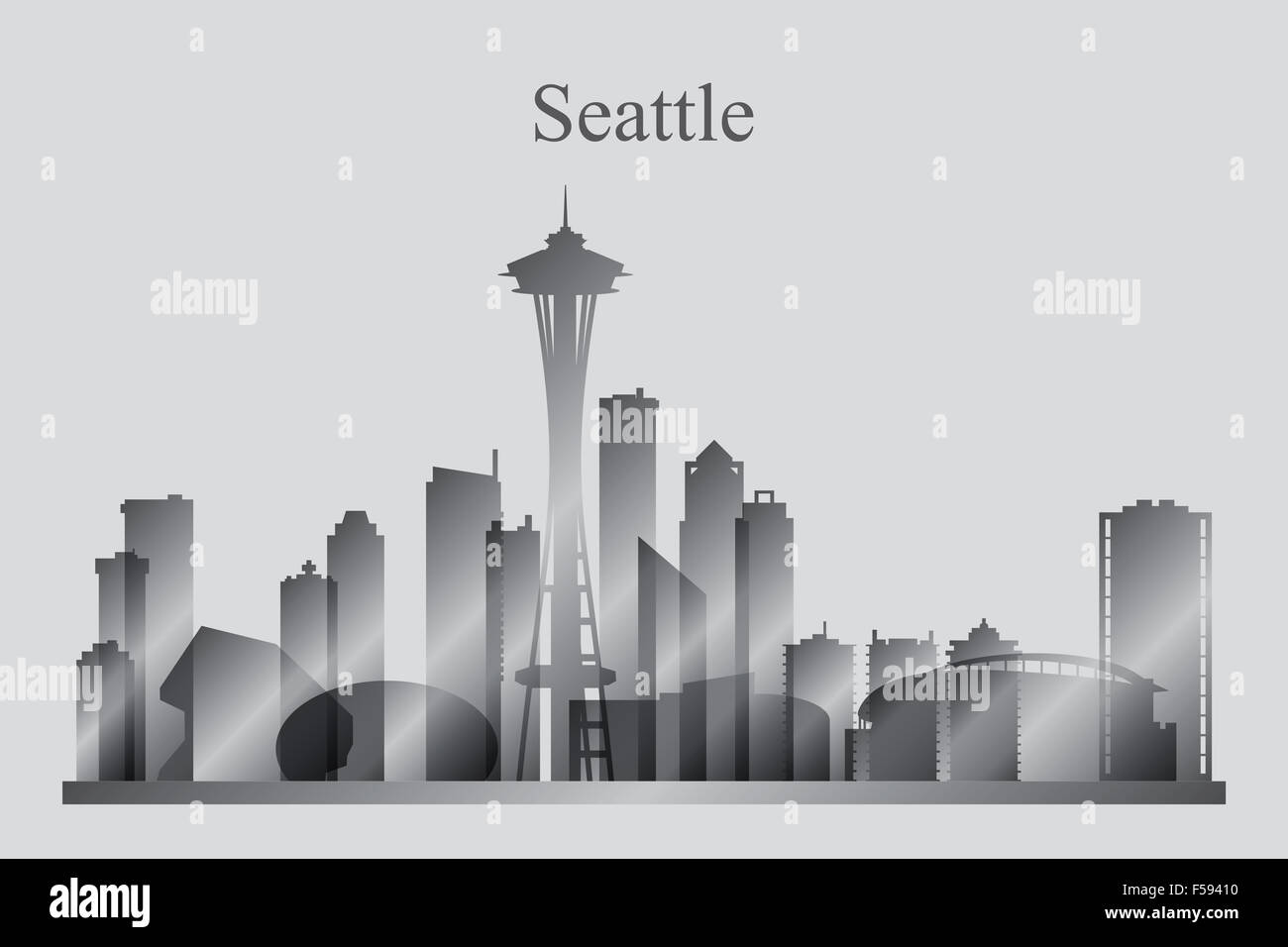 Seattle Stadt Skyline Silhouette in Graustufen Stockfoto