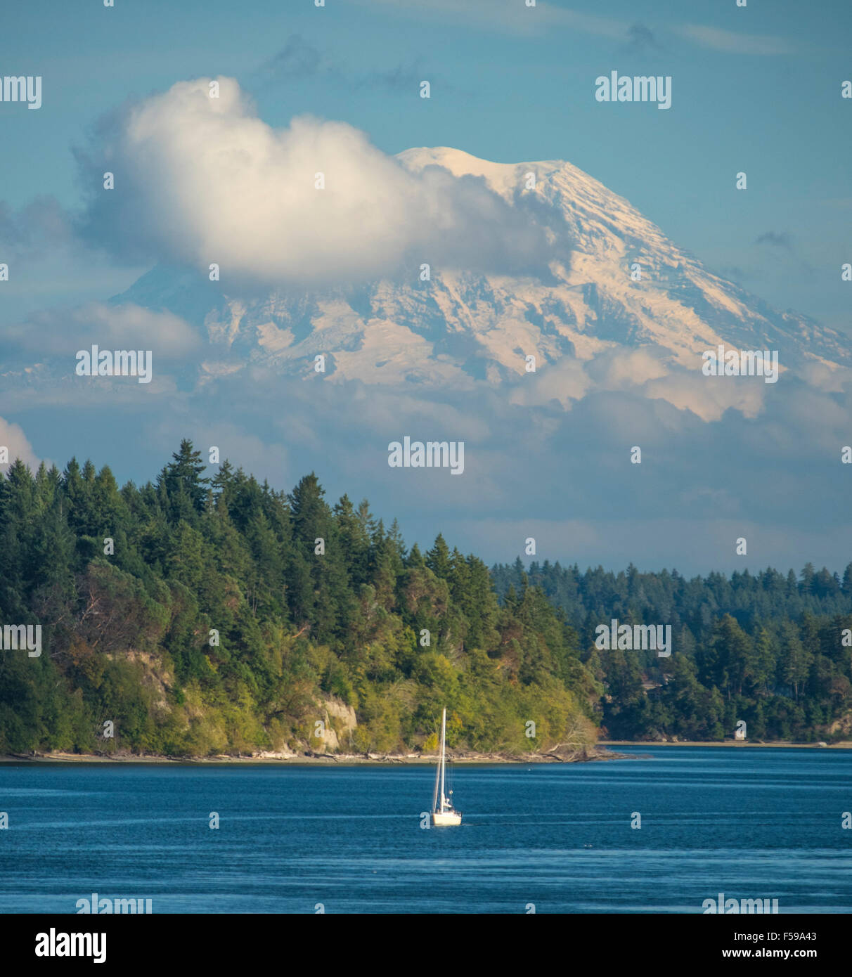 Nahaufnahme des Mt. Rainier mit Segelboot segeln unterhalb des Berges mit frischem Schnee.   Puget Sound. US-Bundesstaat Washington, USA Stockfoto