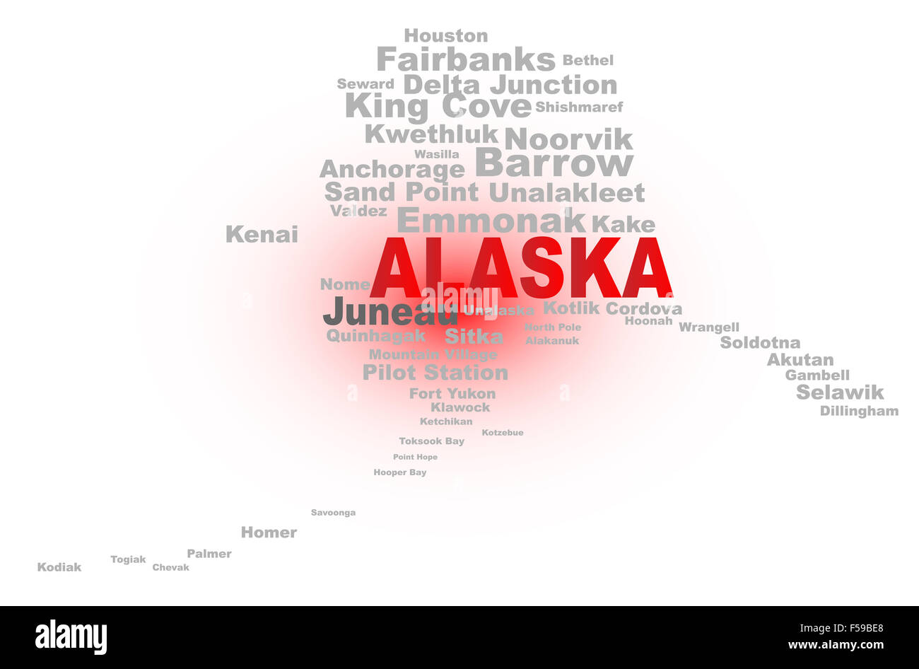 Staatliche Karte Form mit der Text-ALASKA und die Namen der großen Städte auf einem weißen Hintergrund Stockfoto