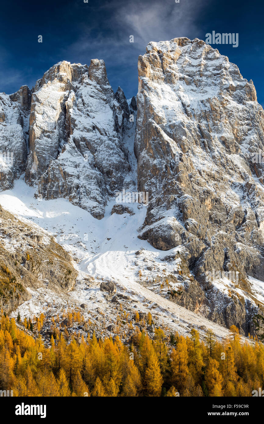 Die Pale di San Martino massiv im Herbst. Bureloni Peak. Die Dolomiten von Paneveggio-Pale di San Martino Nature Park. Trentino. Italienische Alpen. Stockfoto