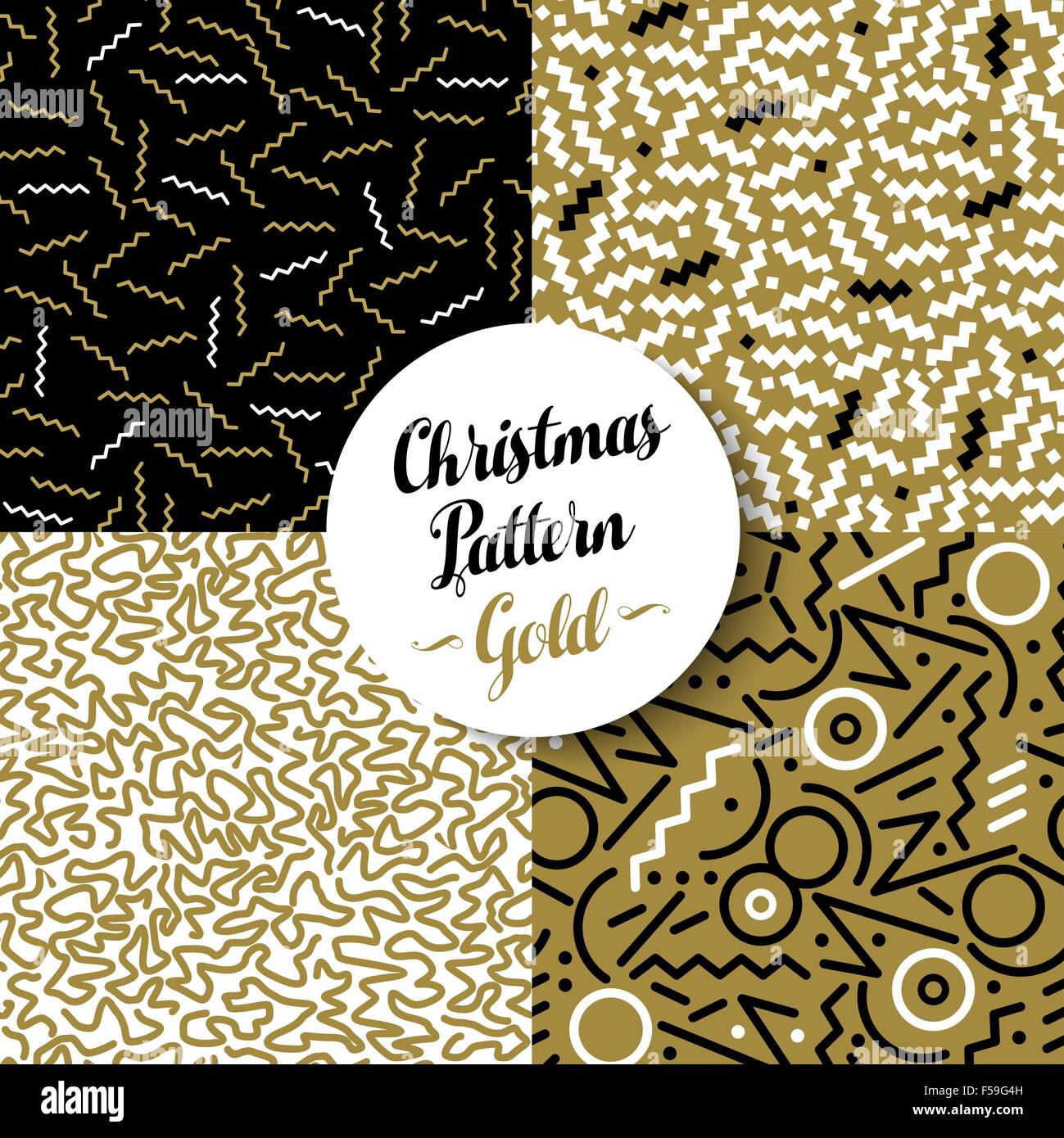 Frohe Weihnachten Musterdesign setzen ausgefallene goldene Geometrie Designs in 80er Jahre Retro-Stil. Ideal für Weihnachten Grußkarte oder web Stock Vektor