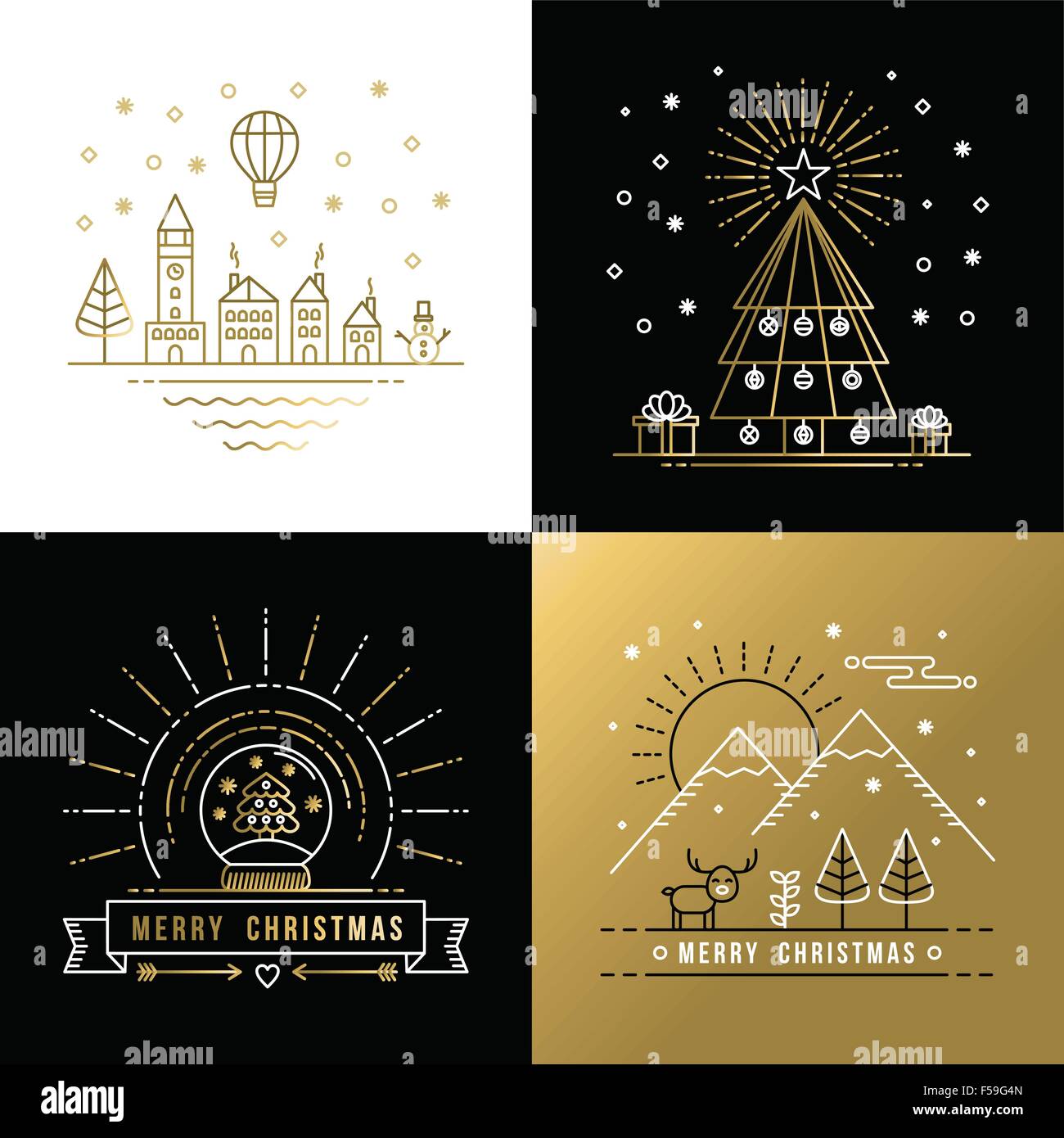 Frohe Weihnachten golden Umriss Label set mit Winter-Stadt, Xmas Tree, Schneekugel und Rentier-Elemente. Ideal für Urlaub Stock Vektor