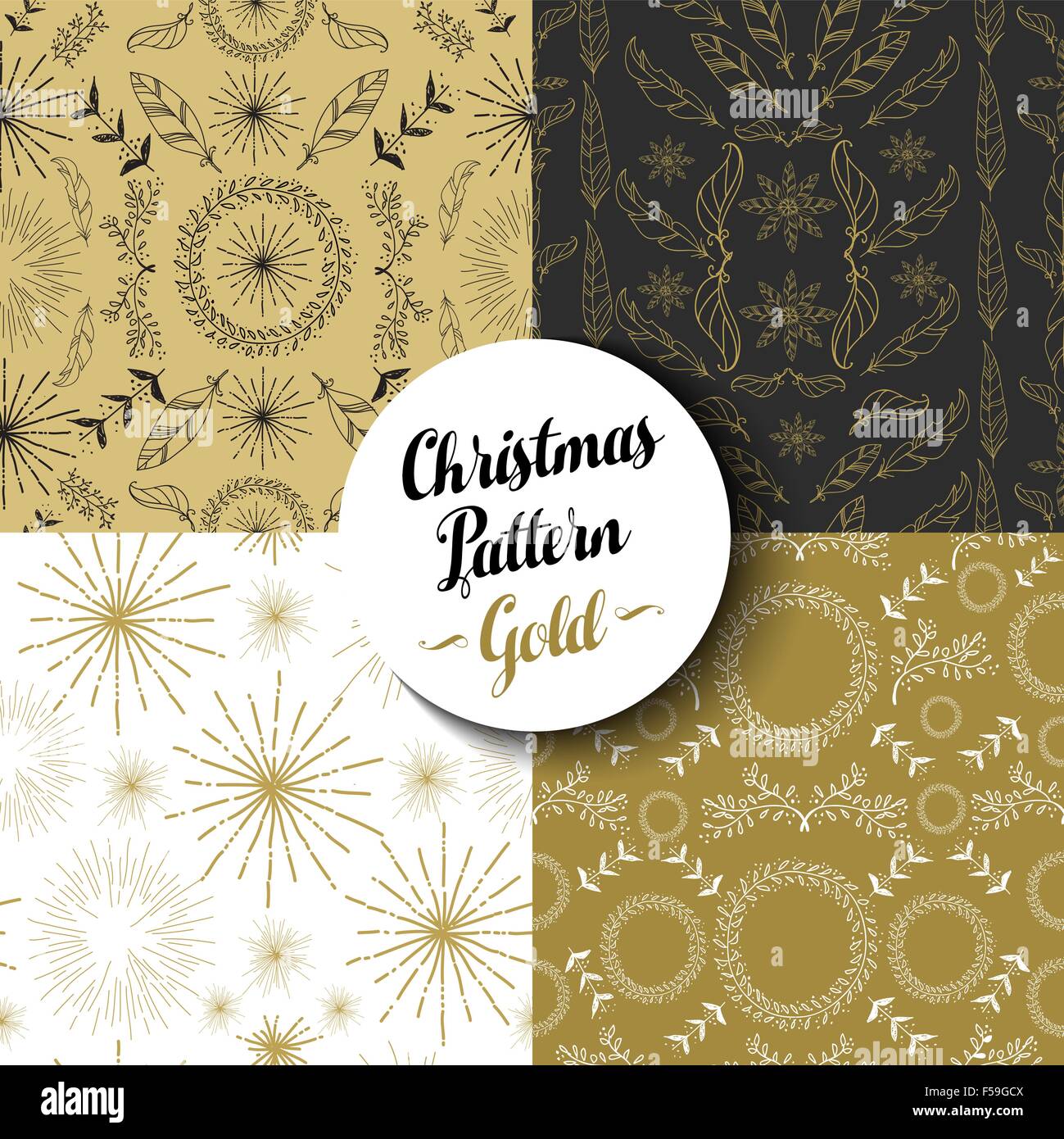 Frohe Weihnachten Musterdesign Set ausgefallenen goldenen Vintage Designs: Natur, Feuerwerk Explosion und Boho-Elementen. Stock Vektor