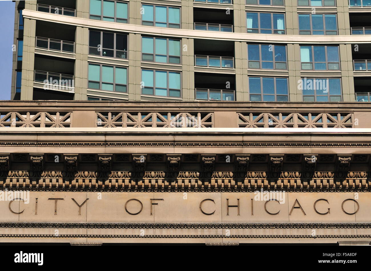 Einen Titel und eine symbolische Bild für die Stadt Chicago existiert auf der Chicago Cultural Center (ehemals Chicago Public Library). Chicago, Illinois, USA. Stockfoto