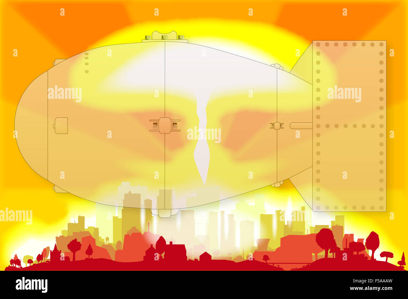 Eine Wasserstoffbombe Explosion in einer modernen Stadt mit einem verblichenen Bild der Bombe Stockfoto