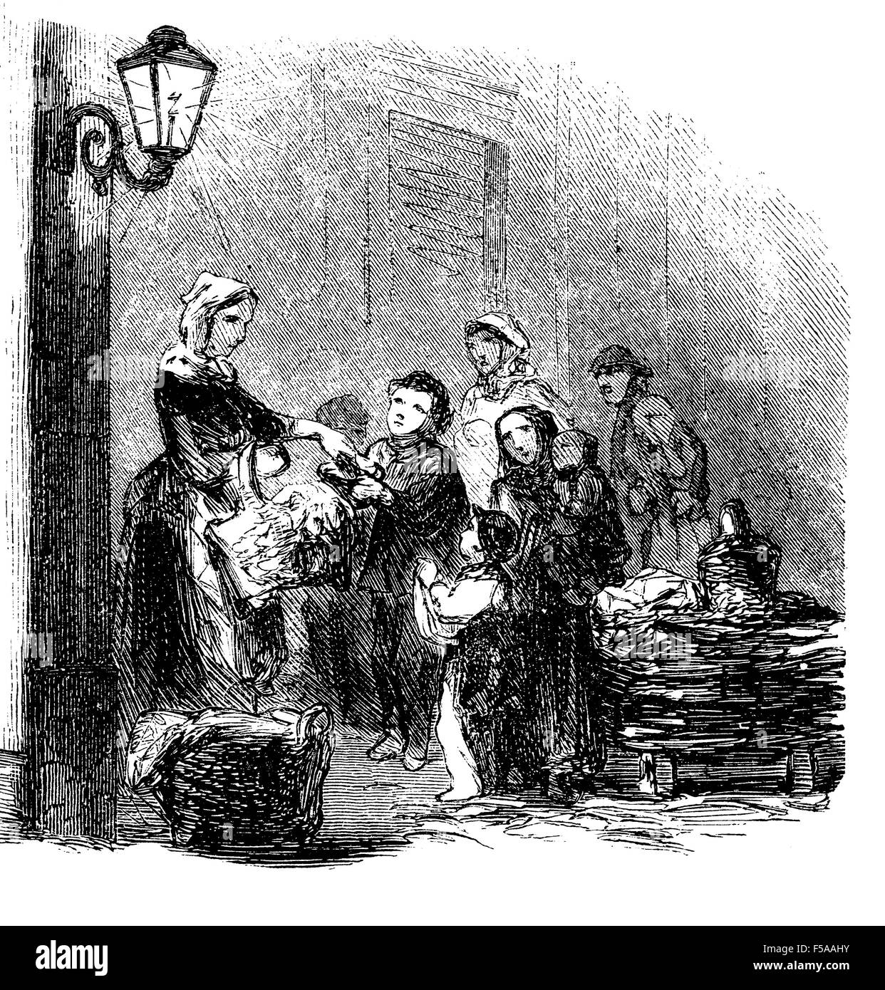 Vintage Illustration, Verteilung von Lebensmitteln zu Almosenempfängern. Diener mit Körben bietet Nahrung für arme Familien, Frauen und Kinder. Stockfoto