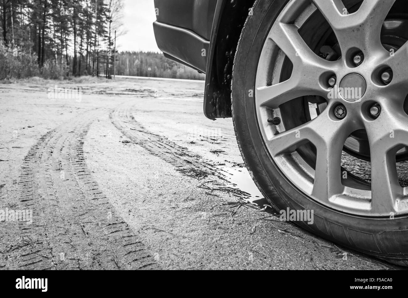 Auto-Rad mit Leichtmetall-Disc auf schmutzige Landstraße, schwarz / weiß Foto Nahaufnahme Stockfoto