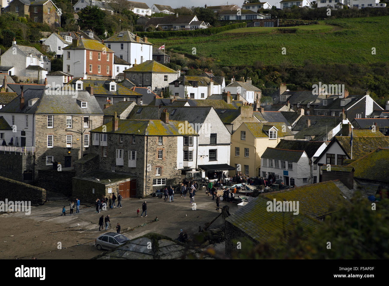 Dächer und weiß getünchten Wänden in Port Isaac, Cornwall. Stockfoto