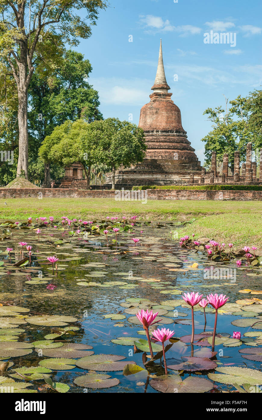 Lotusblumen vor dem Wat Sa Si Buddhistischen Tempel im Sukhothai Historical Park, Thailand Stockfoto