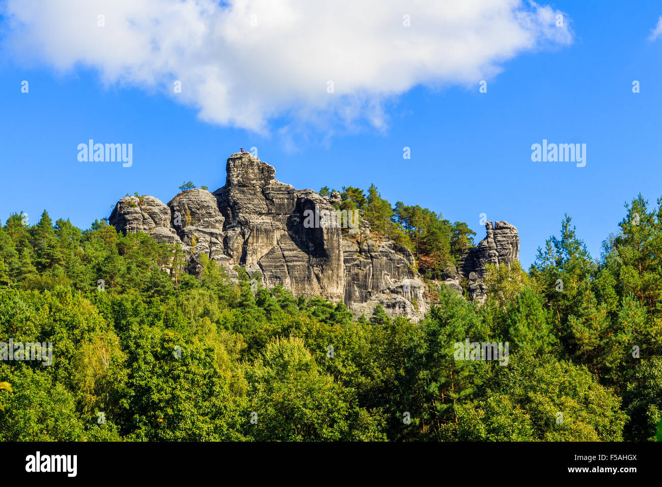 Panorama mit typischen Rock Zinnen an Bastei in Rathen, Sächsische Schweiz Stockfoto