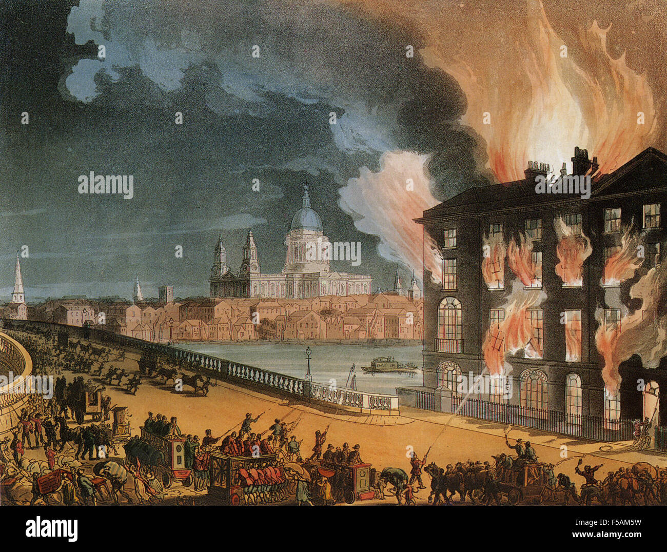 Feuer in ALBION MILLS 3. März 1791. Drucken Sie vom "Mikrokosmos von London" veröffentlichte 1808 zeigen, das Feuer, das die Dampf betriebene Getreidemühle auf der Südseite der Blackfriars Bridge, London, gegenüber St Pauls Cathedral zerstört. Stockfoto