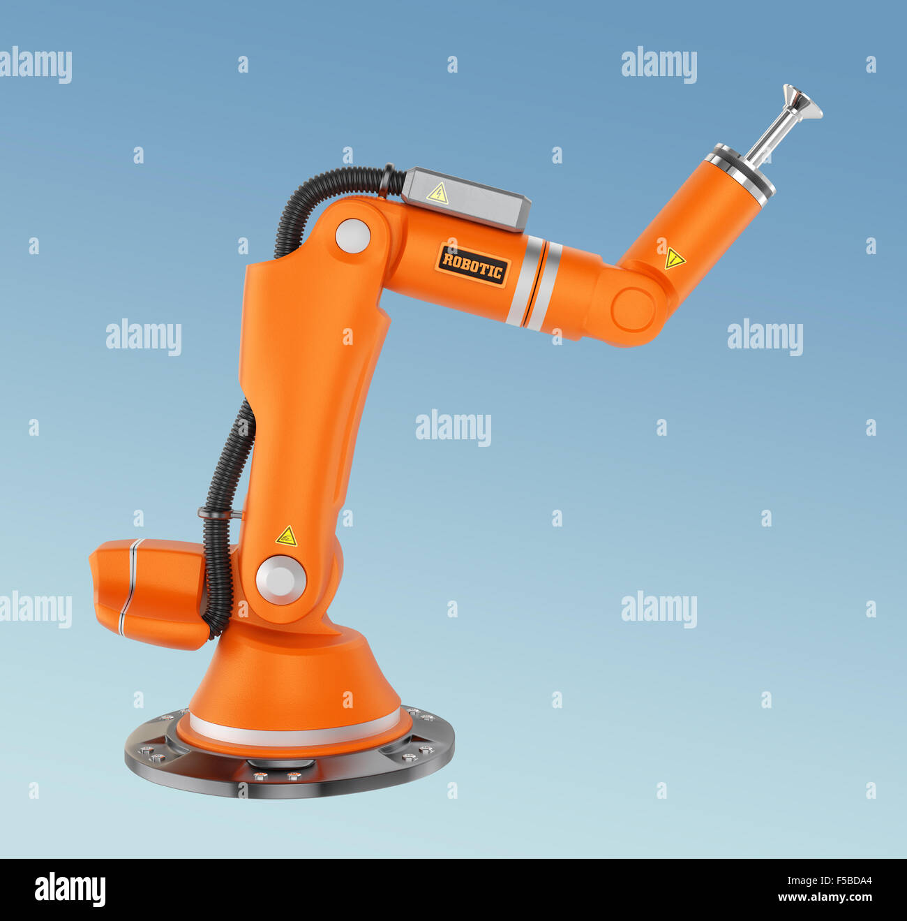 Orange Roboterarm isoliert auf weißem Hintergrund Stockfoto