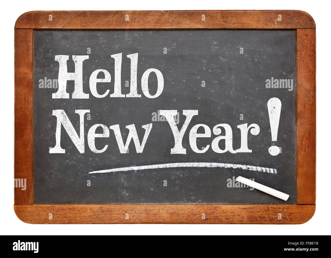 Hallo New Year - weiße Kreide Text auf einer Vintage Schiefer Tafel Stockfoto