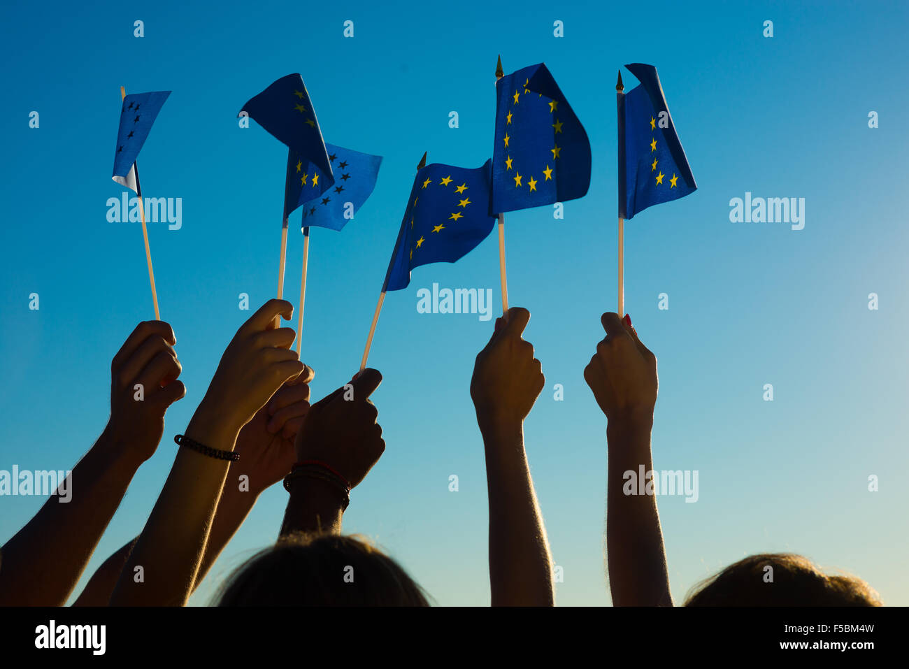 Leute halten die Fahnen der Europäischen Union. Stockfoto