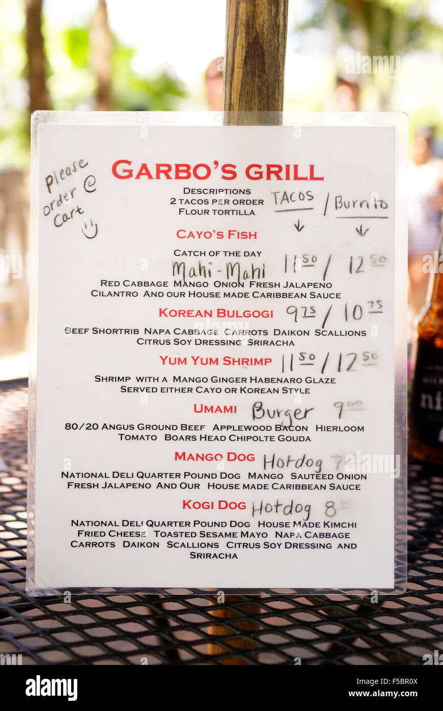 Garbo es Grill Essen Cart, Menü, Key West Florida USA tolles Essen versteckt zwischen Grunzen Bar und einen Parkplatz. Stockfoto