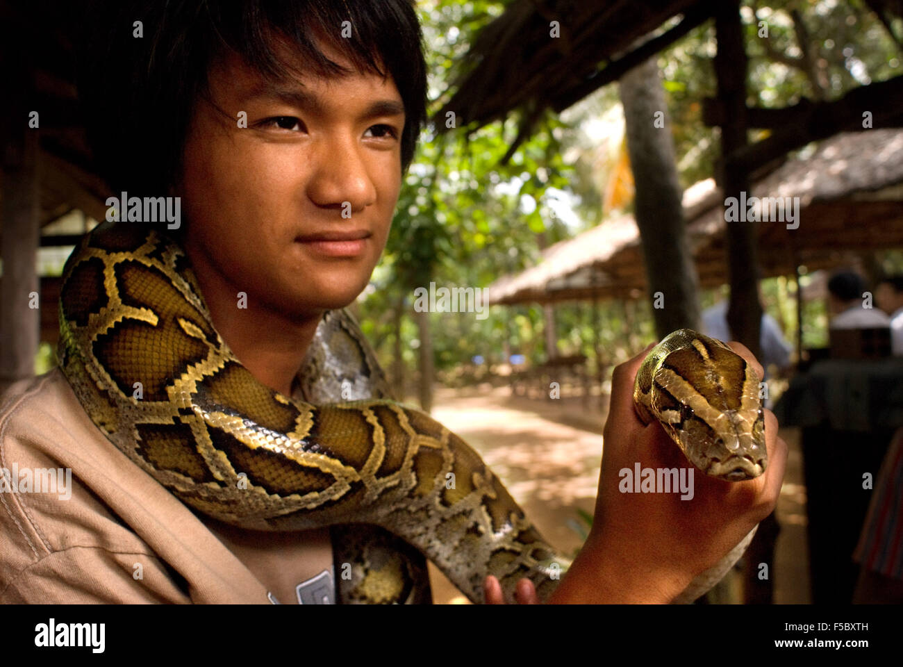 Ein Tourist nimmt Bilder mit einer Boa-Schlange in Turtle Island (Con Qui). Mekong-Delta, Vietnam. Stockfoto