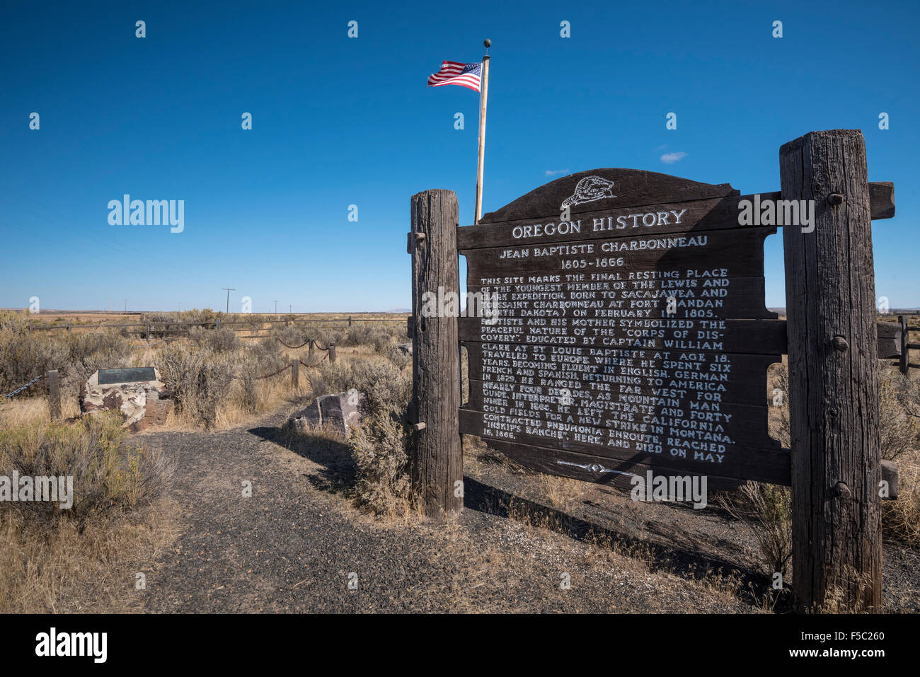 Grabstätte und historischen Marker für Sacagawea Sohn "Pomp" (Jean Baptiste Charbonneau); Malheur Grafschaft, südöstlichen Oregon. Stockfoto
