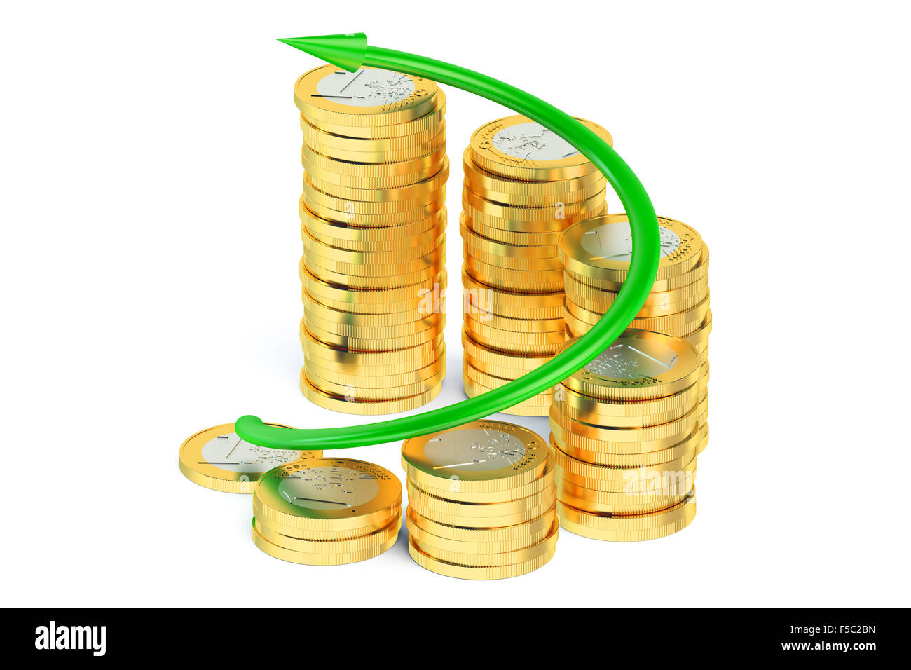 Business-Grafik mit grünen Pfeil und Münzen isoliert auf weißem Hintergrund Stockfoto