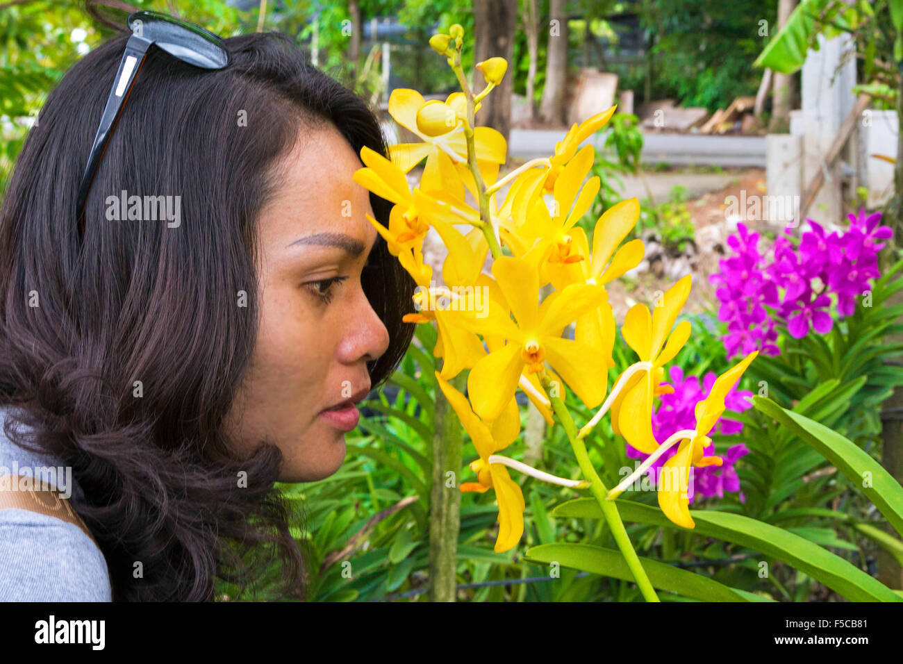 Thai Mädchen posiert mit Orchideen, Bangkok, Thailand Stockfoto