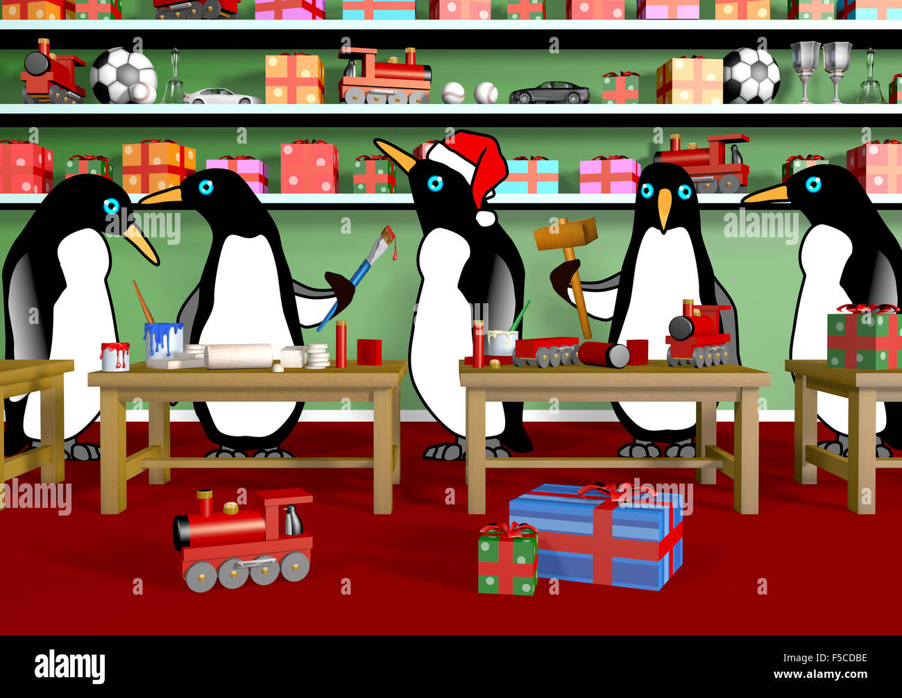 Pinguine und Spielzeug für Weihnachten in die Werkstatt des Weihnachtsmanns Stockfoto