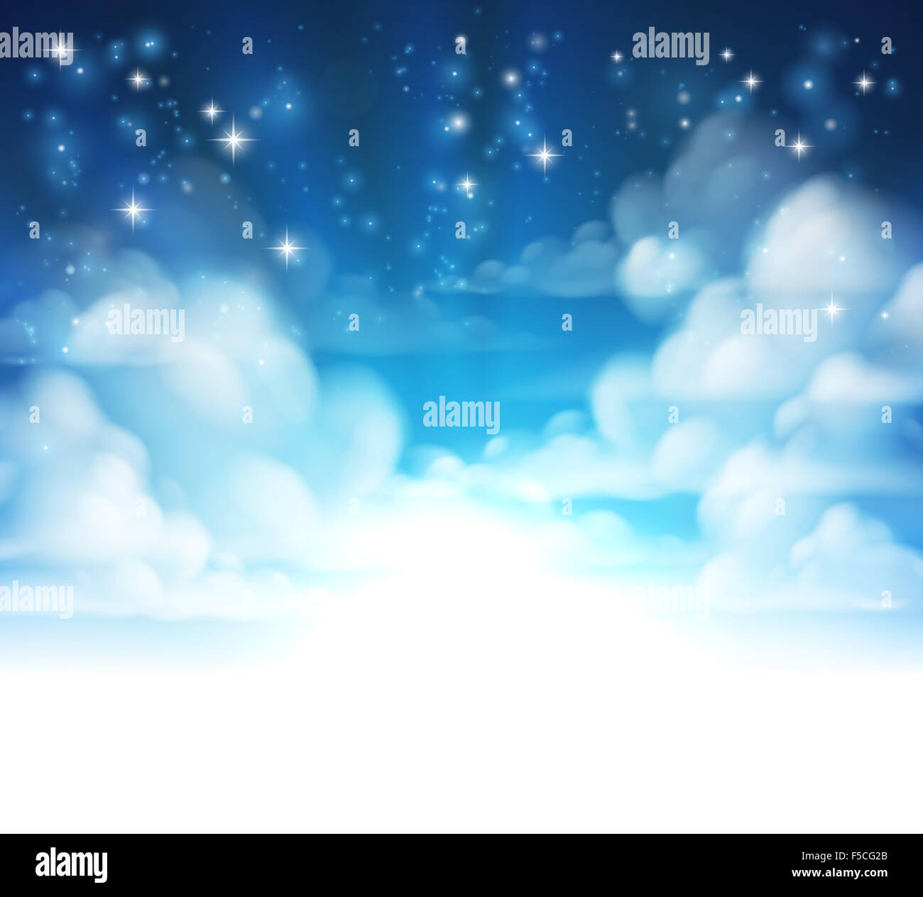 Himmelshintergrund mit Wolken und Sternen. Überblendungen in weiß auf der Unterseite für die einfache Nutzung als Bordürenmuster oder Header. Stockfoto