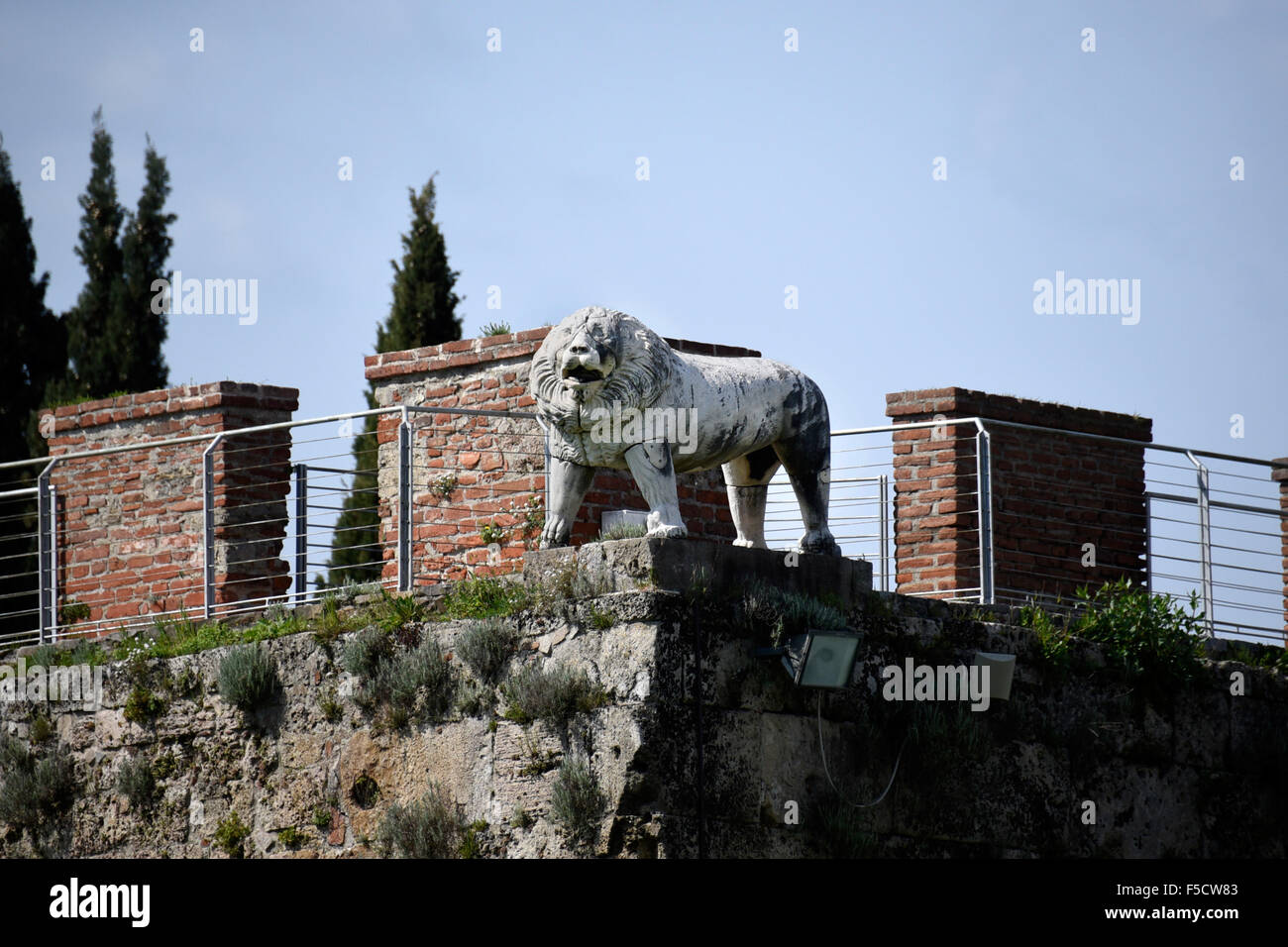 03.04.2015, Pisa, Toskana, Italien - die Stadt Pisa in Italien, gelegen in der Toskana nahe der Mündung des Arno, ist die Hauptstadt der Provinz Pisa. Wahrzeichen ist der bekannt als der schiefe Turm von Pisa Campanile. Foto: Ein Löwe aus Stein, die Bewachung der Piazza del Duomo | Italien, Pisa, befindet 04.03.2015 der Stadt Pisa in Italien, in der Toskana nahe der Mündung des Arno, sich die Hauptstadt der Provinz Pisa. Wahrzeichen ist als der schiefe Turm von Pisa Campanile bekannt. Foto: Ein Löwe Stein schützt die Piazza del Duomo. ESP150403D806CAROEX. JPG - nicht für den Verkauf in G E R M A N Y, A Stockfoto