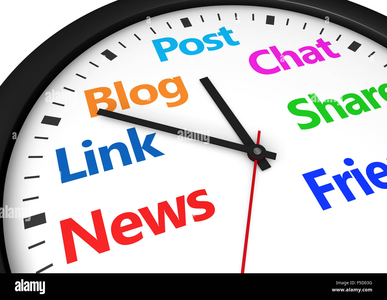 Soziale Medien Zeit-Management und Web-Strategie-Konzept mit einer Uhr und Sozialnetz Wort und Zeichen gedruckt auf dem Display. Stockfoto