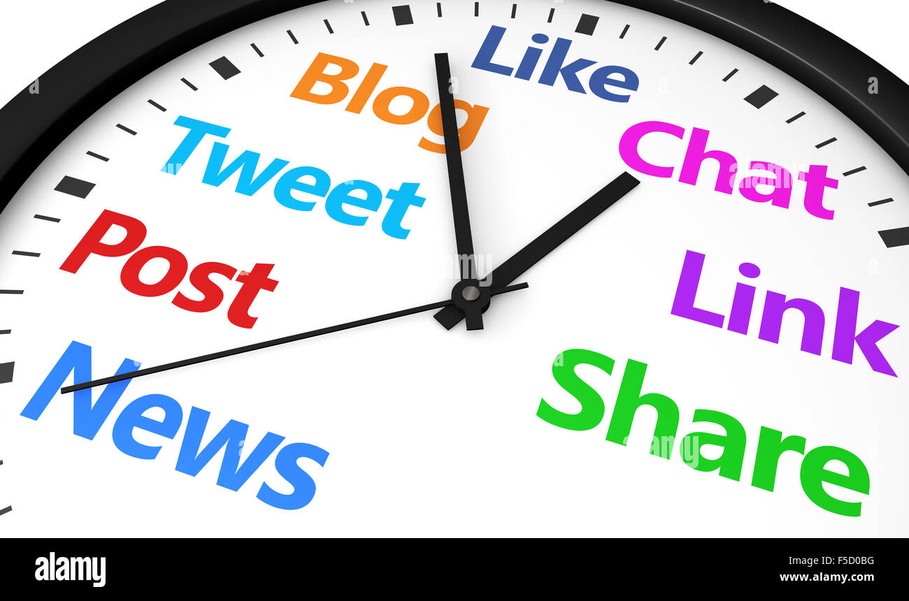 Soziale Medien Zeit-Management und Web-Strategie-Konzept mit einer Uhr und Sozialnetz Wort und Zeichen in verschiedenen Farben gedruckt. Stockfoto